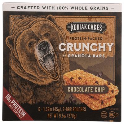 Kodiak Crunchy Granola Snack Bars, Chocolate Chip, High Protein, 100% Whole Grains, 1 box with 6 pouches (12 bars)