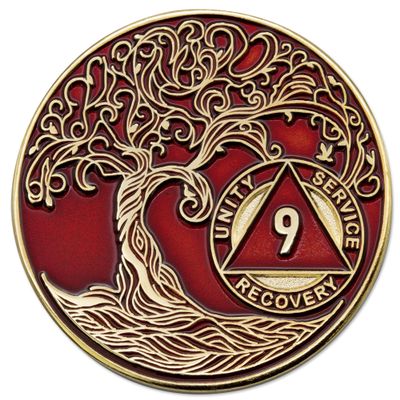 1 to 50 Year Twisted Tree of Life Sobriety Coin - Gold Plated AA Chips & Medallions - 9 Year Sobriety Coin - Red