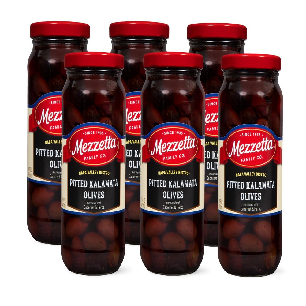 Mezzetta Napa Valley Bistro Pitted Kalamata Olives - Tree-Ripened in Cabernet Sauvignon & Seasonings - Italian Culinary Heritage - Elegant Appetizer - 100% Natural - 16 Oz Jar - Pack of 6
