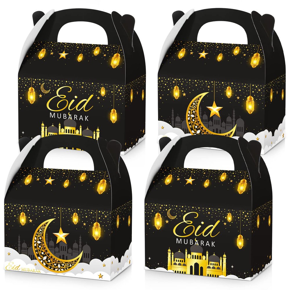 TaoBary 24 Pack Ramadan Treat Boxes Eid Mubarak Gift Boxes Mosque Star Moon Lantern Party Favor with Handle Bulk Ramadan Goodie Candy Bag for Eid Al Fitr Packages Supplies(Black Gold)
