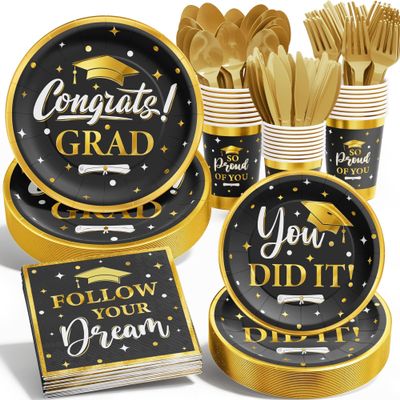 Ecomore Graduation Decoration Class of 2025, 175PCS Graduation Party Supplies Disposable Dinnerware(Serve 25) with Paper Plates Cup Napkin Fork Knife Spoon College High School Grad Decor(Black & Gold)