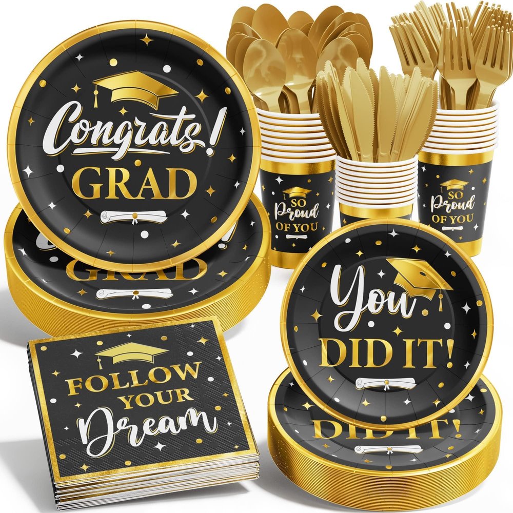 Ecomore Graduation Decoration Class of 2025, 175PCS Graduation Party Supplies Disposable Dinnerware(Serve 25) with Paper Plates Cup Napkin Fork Knife Spoon College High School Grad Decor(Black & Gold)