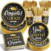 Ecomore Graduation Decoration Class of 2025, 175PCS Graduation Party Supplies Disposable Dinnerware(Serve 25) with Paper Plates Cup Napkin Fork Knife Spoon College High School Grad Decor(Black & Gold)