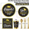 Ecomore Graduation Decoration Class of 2025, 175PCS Graduation Party Supplies Disposable Dinnerware(Serve 25) with Paper Plates Cup Napkin Fork Knife Spoon College High School Grad Decor(Black & Gold) view 2