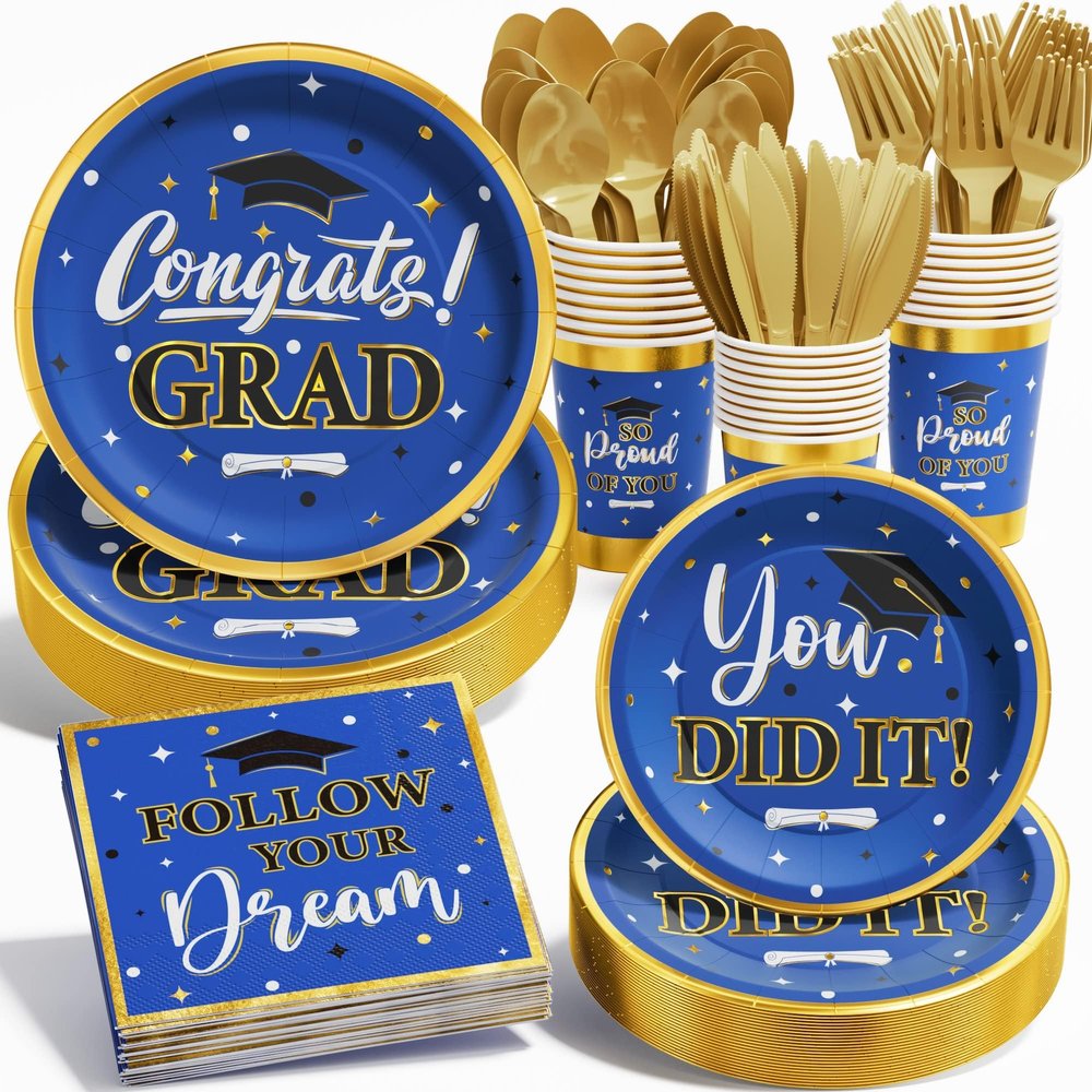 Ecomore Graduation Decorations Class of 2025, 175PCS Graduation Party Supplies Disposable Dinnerware(Serve 25) with Paper Plates Cup Napkin Fork Knife Spoon College High School Grad Decor(Blue & Gold)