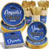 Ecomore Graduation Decorations Class of 2025, 175PCS Graduation Party Supplies Disposable Dinnerware(Serve 25) with Paper Plates Cup Napkin Fork Knife Spoon College High School Grad Decor(Blue & Gold) view 1