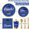 Ecomore Graduation Decorations Class of 2025, 175PCS Graduation Party Supplies Disposable Dinnerware(Serve 25) with Paper Plates Cup Napkin Fork Knife Spoon College High School Grad Decor(Blue & Gold) view 2
