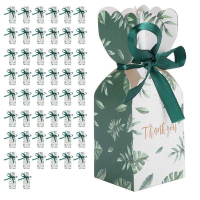 DAUERHAFT 50PCS Wedding Candy Box, Paper Chocolate Box, Party Favor Gift Boxes for Wedding, Birthday, Christmas with Bow (Green Leaves)