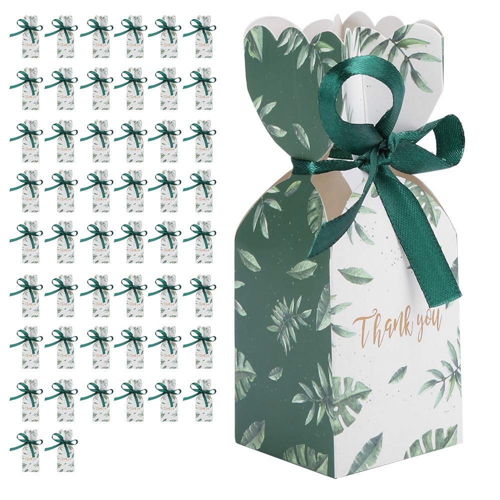 DAUERHAFT 50PCS Wedding Candy Box, Paper Chocolate Box, Party Favor Gift Boxes for Wedding, Birthday, Christmas with Bow (Green Leaves)