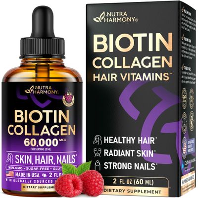 Liquid Biotin & Collagen 60,000 mcg - Vitamins for Hair Growth Support - Extra Strength Drops for Women & Men - Liquid Collagen Supplement - Strong Nails & Healthy Skin - Made in USA - 2 Fl Oz