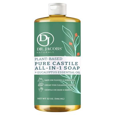 Dr. Jacobs Naturals Eucalyptus Castile All-in-One Cleaner and Soap - Plant-Based Formula for House Cleaning Floors and Appliances - Gentle on Skin and the Planet - 32 oz, 1 Pack
