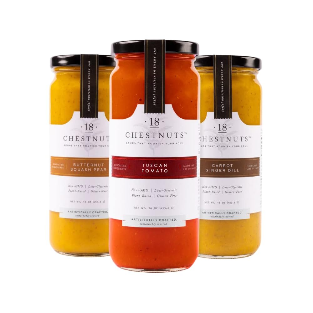 18 Chestnuts Plant Based Soup - Carrot Ginger Dill, Tuscan Tomato, and Butternut Squash Pear Soup Bundle, Plant Based & Gluten Free - 3 Jars (16oz)