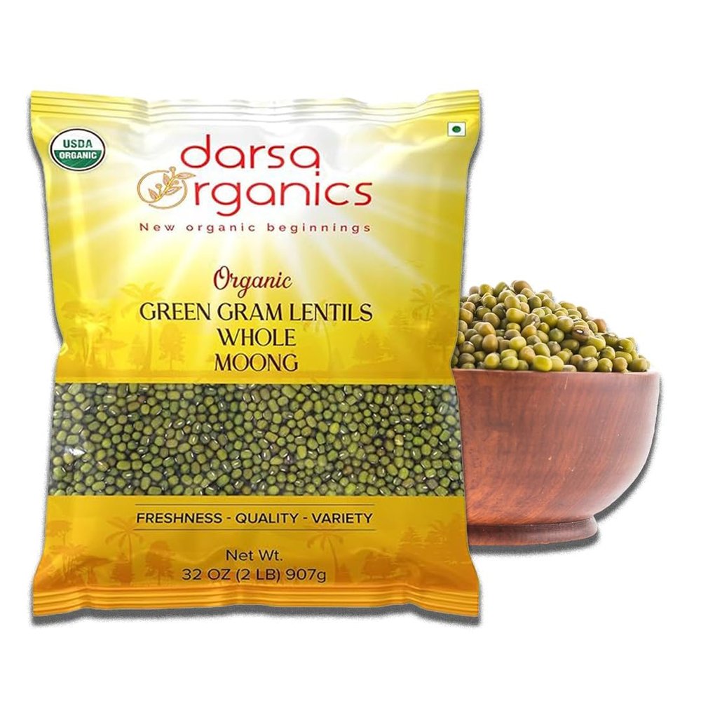 Darsa Organics Whole Green Moong (Mung) Bean Lentils 2 lb  USDA Organic, Non-GMO, Kosher, Gluten-Free | Protein & Fiber Rich | Perfect for Sprouting, Soups & Salads