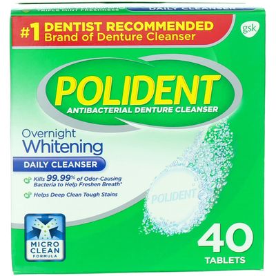 Polident Overnight Whitening, Antibacterial Denture Cleanser, Triple Mint Freshness 40 ea (Pack of 6)