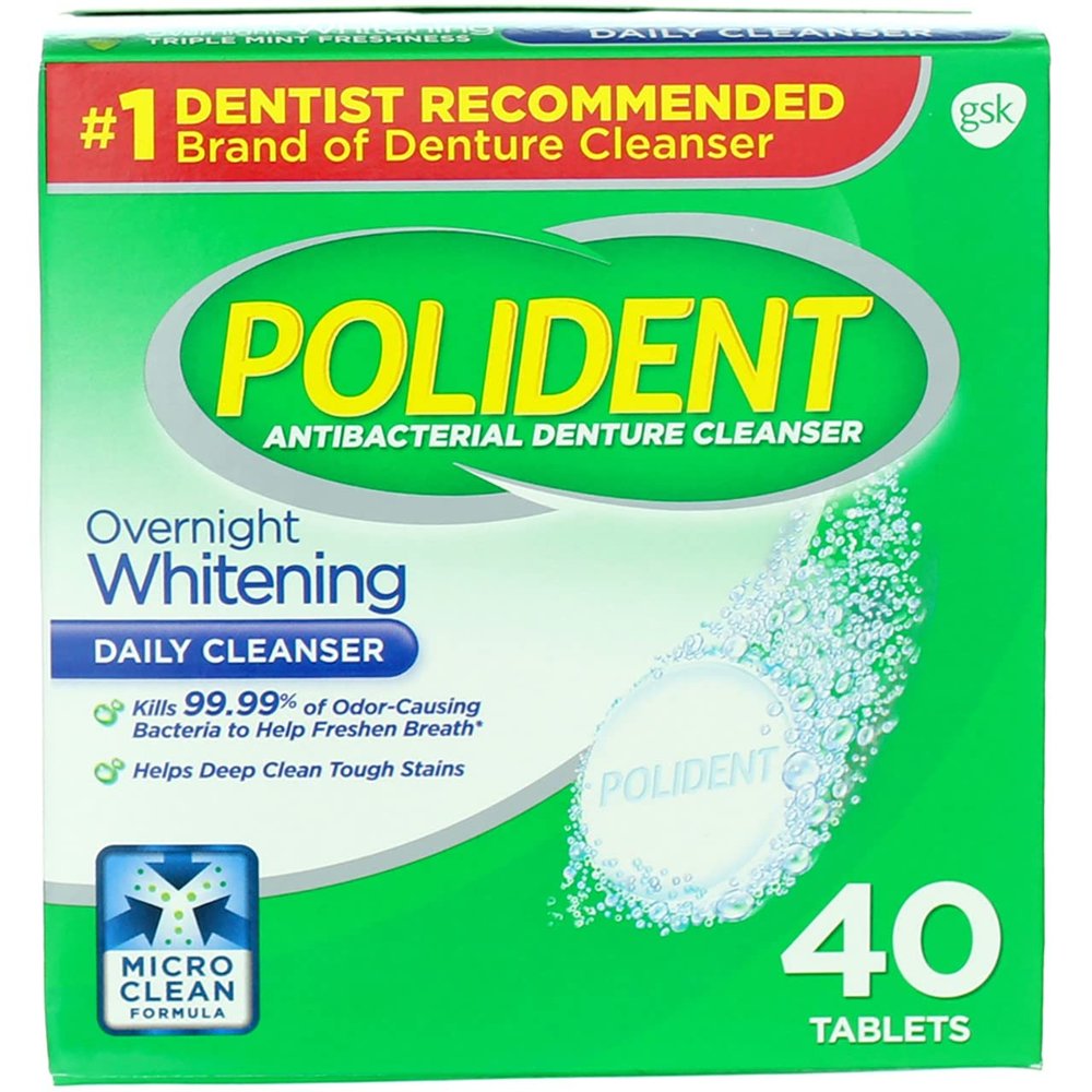 Polident Overnight Whitening, Antibacterial Denture Cleanser, Triple Mint Freshness 40 ea (Pack of 6)