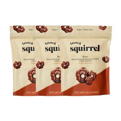 French Squirrel Vegan Chocolate Peanut Butter Cereal Clusters - Gluten Free Healthy Snack, Crunchy Chocolate Covered Cereal Bites (Pack of 3) - Low Sugar Bisous