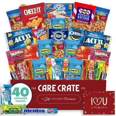 Valentine's Day Snack Box (40 Piece Variety Gift Basket Care Package) Peanuts, Candy, Chips, Granola Bars & More - The Care Crate Co.