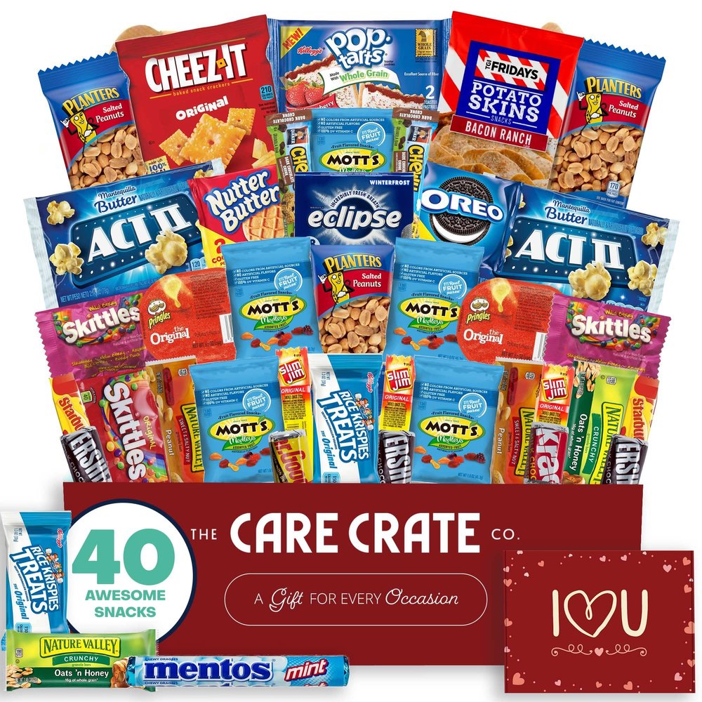 Valentine's Day Snack Box (40 Piece Variety Gift Basket Care Package) Peanuts, Candy, Chips, Granola Bars & More - The Care Crate Co.