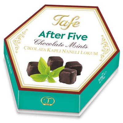 After Five Chocolate Coated Mint Turkish Delight - Hexagon Box 175 gr 6.17 oz - Sweet Luxury Traditional Confectionery - Gluten Free Vegan Halal FSSCS Soft Candy Dessert Lokum Mints and Chocolate