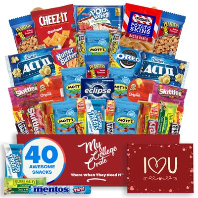 College Valentine's Day Snack Box (40 Piece Variety Gift Basket Care Package) Peanuts, Candy, Chips, Granola Bars & More - My College Crate