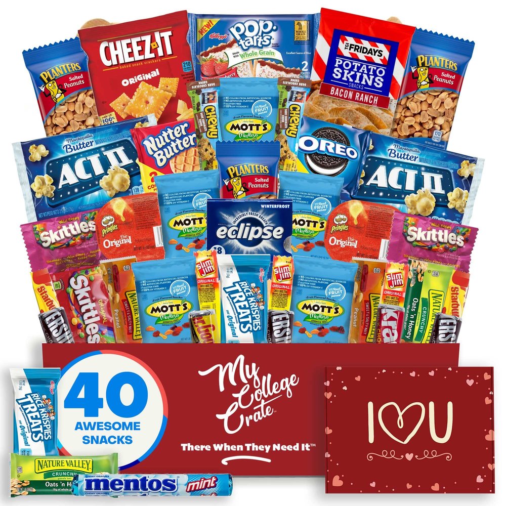 College Valentine's Day Snack Box (40 Piece Variety Gift Basket Care Package) Peanuts, Candy, Chips, Granola Bars & More - My College Crate