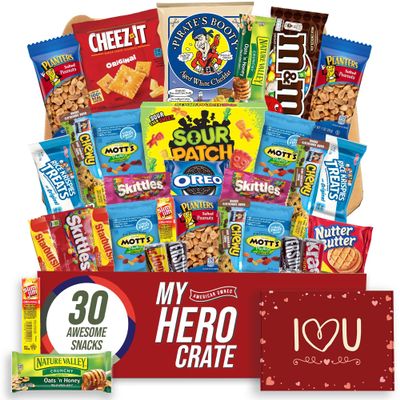 Military Valentine's Day Small Snack Box ( 31 Piece Variety Gift Basket Care Package ) Chips, Candy, Peanuts, Popcorn, Cookies, Gummy Snacks, Chocolates and More - My Hero Crate