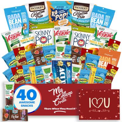 College Valentine's Day Allergy Friendly Snack Box (40 Variety Gluten Free, Dairy Free, Vegan Gift Basket Care Package) Popcorn, Pretzels, Fruit Strips, Fig Bar & More - My College Crate