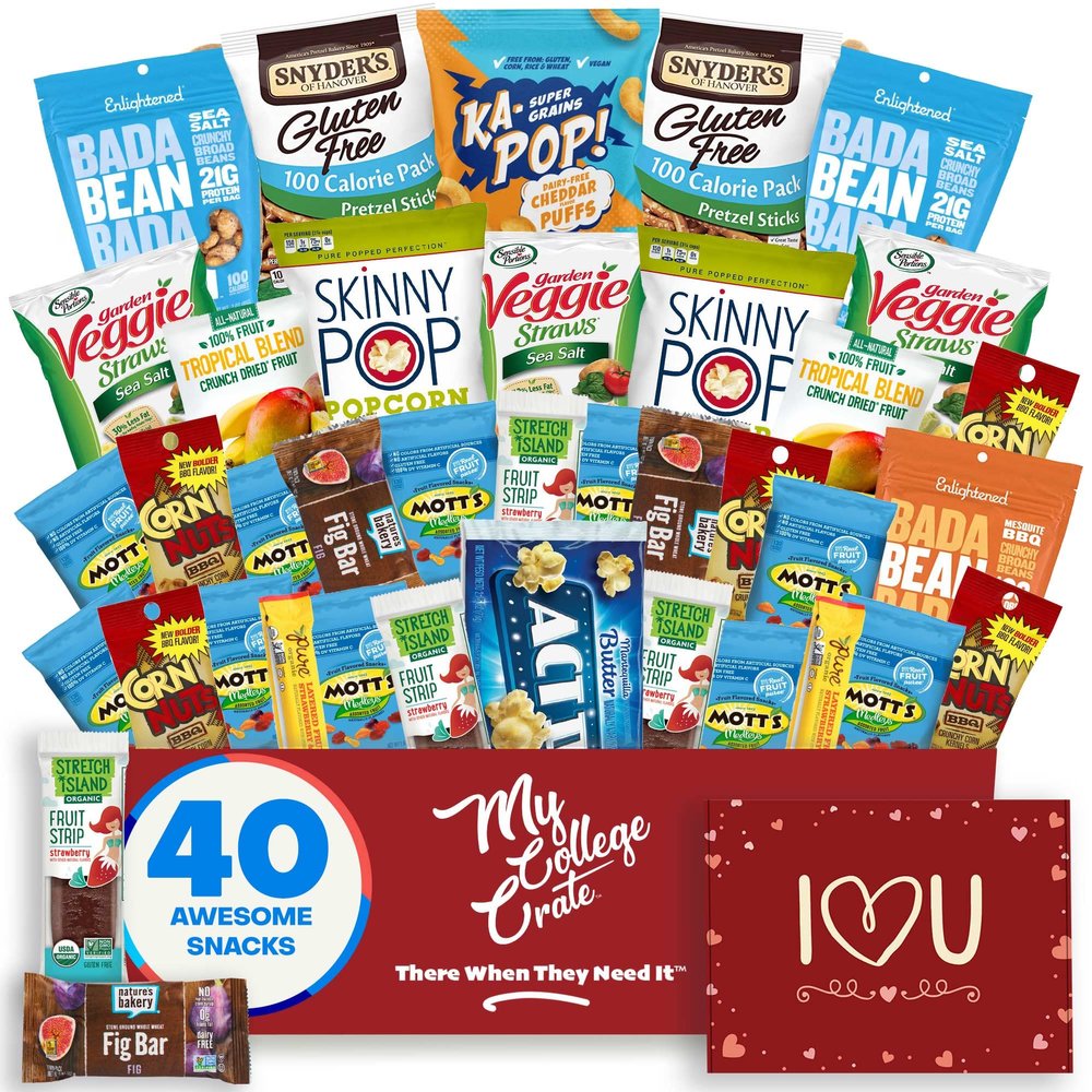 College Valentine's Day Allergy Friendly Snack Box (40 Variety Gluten Free, Dairy Free, Vegan Gift Basket Care Package) Popcorn, Pretzels, Fruit Strips, Fig Bar & More - My College Crate