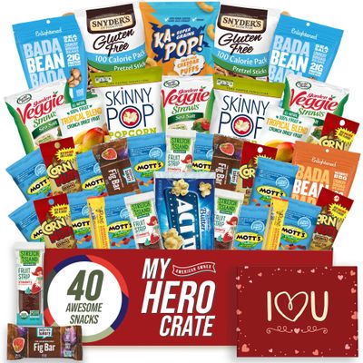 Military Valentine's Day Allergy Friendly Snack Box (40 Variety Gluten Free, Dairy Free, Vegan Gift Basket Care Package) Popcorn, Pretzels, Fruit Strips, Fig Bar & More - My Hero Crate