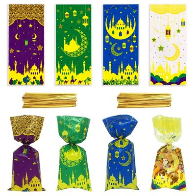 100pcs Eid Mubarak Bags - Ramadan Kareem Goodie Candy Bags for Eid al-Adha Party Supplies, 4 Colors, Muslim Castle Moon Star Plastic Cellophane Favor Bags