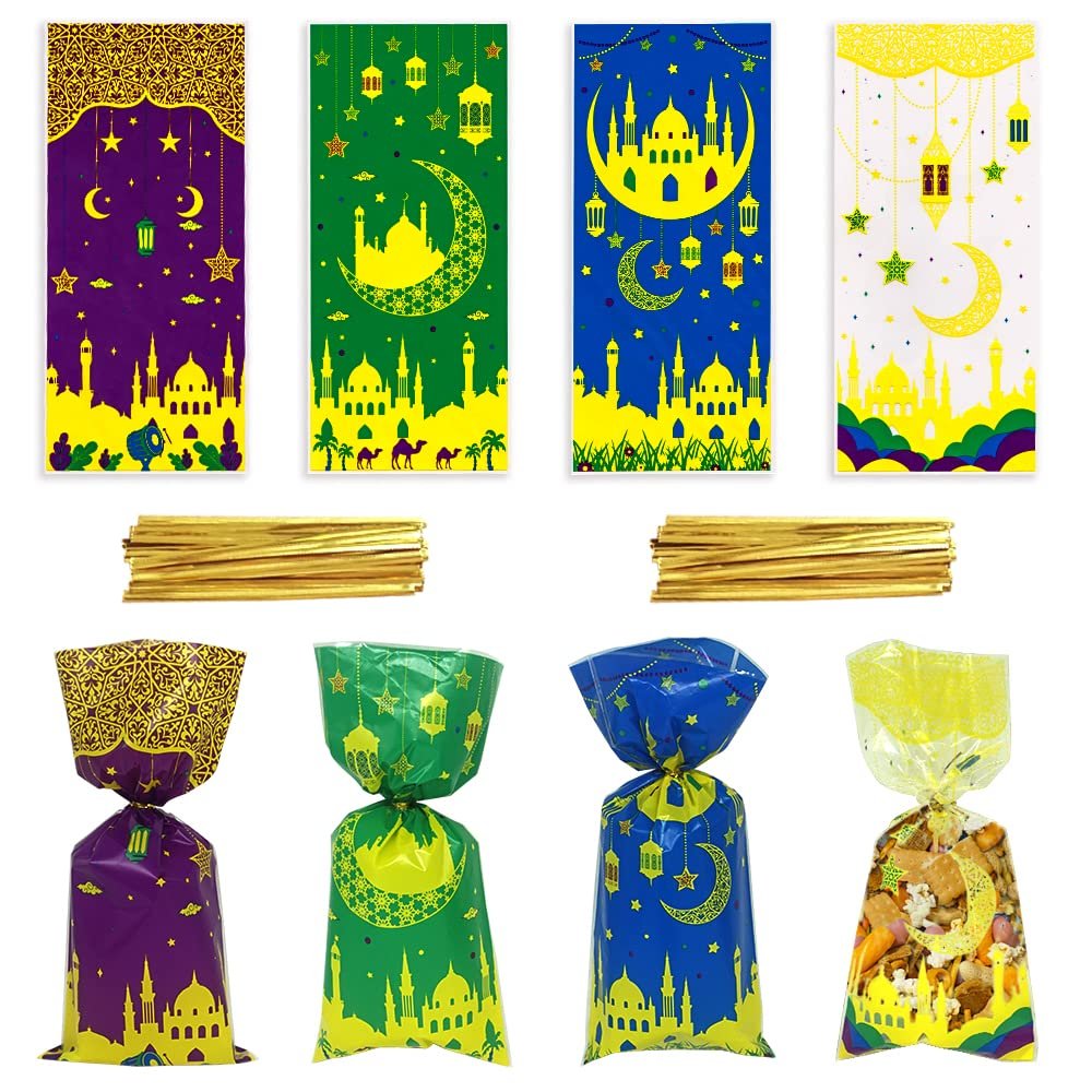 100pcs Eid Mubarak Bags - Ramadan Kareem Goodie Candy Bags for Eid al-Adha Party Supplies, 4 Colors, Muslim Castle Moon Star Plastic Cellophane Favor Bags