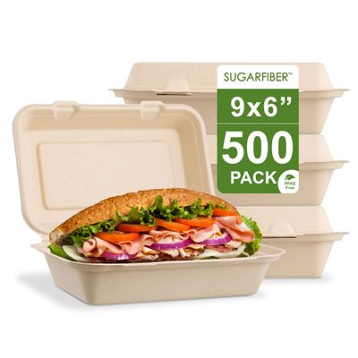 [500 COUNT]Sugarfiber by Harvest Pack PFAS FREE 9 X 6" Compostable Clamshell Food Containers, Heavy-Duty Hinged Container, Disposable Bagasse Eco-Friendly Natural Sugarcane Takeout to go Box