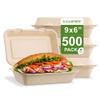 [500 COUNT]Sugarfiber by Harvest Pack PFAS FREE 9 X 6" Compostable Clamshell Food Containers, Heavy-Duty Hinged Container, Disposable Bagasse Eco-Friendly Natural Sugarcane Takeout to go Box view 1