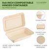 [500 COUNT]Sugarfiber by Harvest Pack PFAS FREE 9 X 6" Compostable Clamshell Food Containers, Heavy-Duty Hinged Container, Disposable Bagasse Eco-Friendly Natural Sugarcane Takeout to go Box view 2