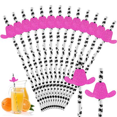 36 Pcs Bachelorette Cow Drinking Straws - Cowgirl Party Supplies, Cow Print Paper, Disco Black and White for Farm Birthday Bridal