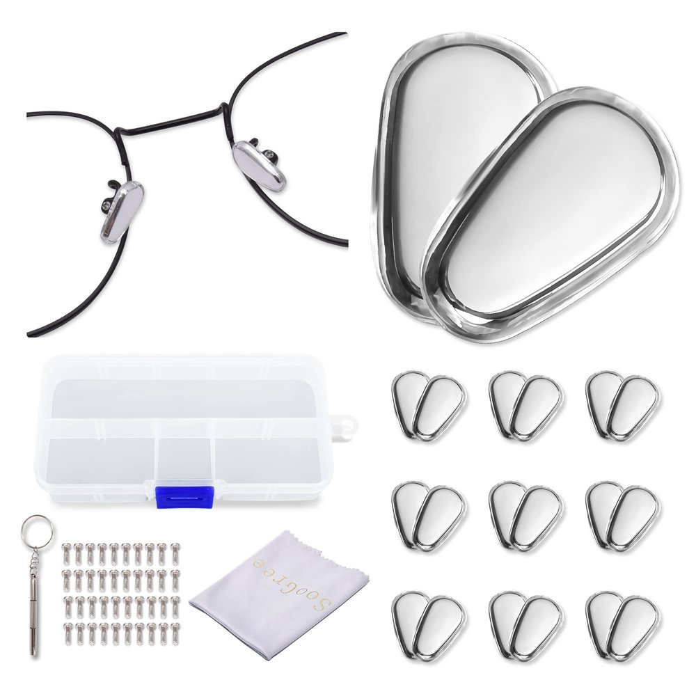 10 Pairs Upgraded Silicone Metal Core Silver Eyeglasses Nose Pads Screw in 1 Piece of Glasses Cleaning Cloth, Screw, Screwdriver Glasses Accessories Replacement Kit