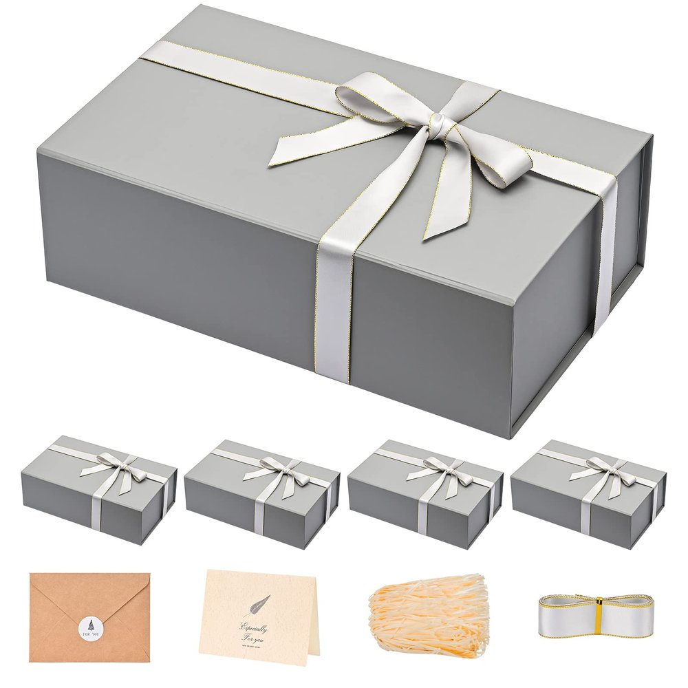 LIFELUM Large Gift Box,13.85 x 8.35 x 4.45 inch Grey Gift Box Set of 5 with Magnetic Lid for Presents with Ribbon,Card,Shredded Paper Filler Gift for Mom Valentine's Day,Christmas Presents