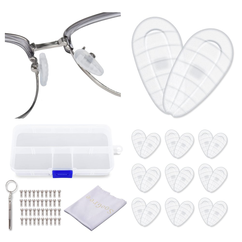10 Pairs Upgraded Anti-Indentation Air Chamber Eyeglasses Nose Pads Screw-in 1 Piece of Glasses Cleaning Cloth, Screw, Screwdriver Glasses Accessories Replacement Kit