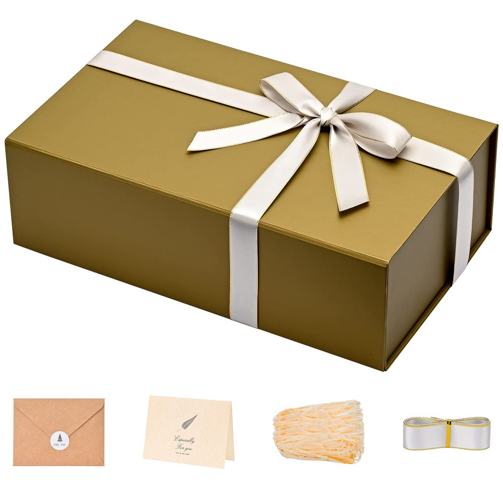 LIFELUM Empty Gift Boxes 1 Pack 13.85 x 8.35 x 4.45 inch Rectangle Collapsible Box with Magnetic Lid and Ribbon,Card,Shredded Paper Filler