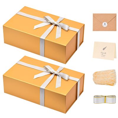 LIFELUM Gift Boxes with Lids,2 Pack 13.85 x 8.35 x 4.45 inch Gold Gift Boxes with Magnetic Lid and Ribbon, Card, Shredded Paper Filler Empty Gift Box for Christmas,Valentine's day,Birthdays