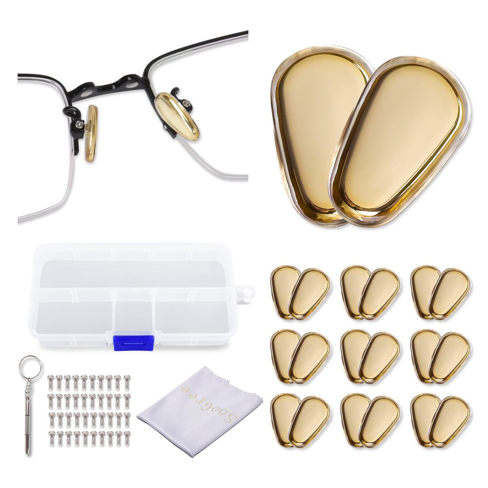 10 Pairs Silicone Golden Metal Core Eyeglasses Nose Pads Screw in 1 Piece of Glasses Cleaning Cloth, Screw, Screwdriver Glasses Accessories Replacement Kit