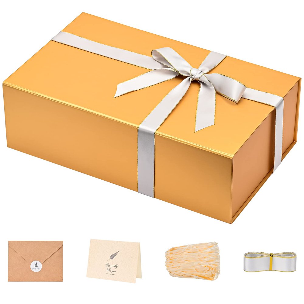 LIFELUM Gold Gift Boxes with Lids,1 Pack 13.85 x 8.35 x 4.45 inch Gift Box with Ribbon, Card, Shredded Paper Filler Gift Box for Valentine's day,Christmas,Birthdays, Bridal Gifts,Weddings