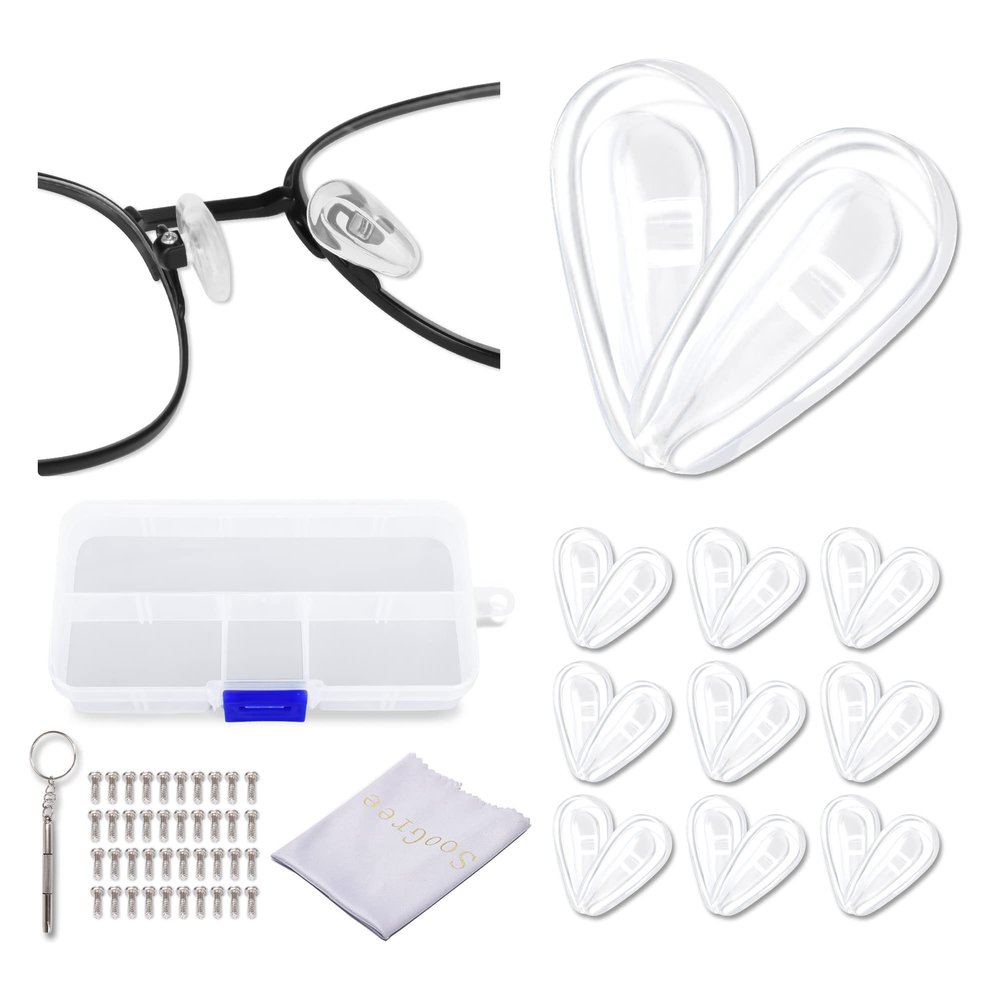 10 Pairs Big Air Chamber Eyeglasses Nose Pads Screw-in 1 Piece of Glasses Cleaning Cloth, Screw, Screwdriver Glasses Accessories Replacement Kit