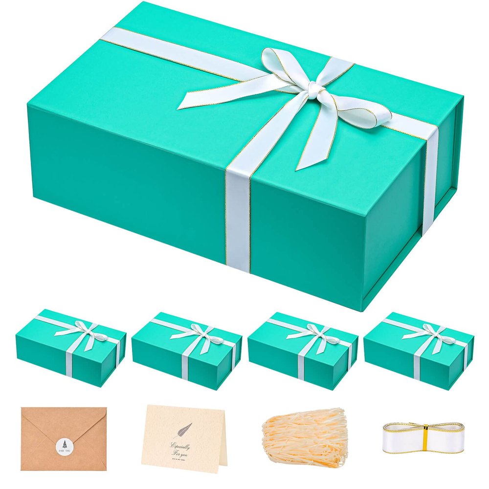 LIFELUM Large Gift Boxes with Lids,5 Pack 13.85 x 8.35 x 4.45 inch Rectangle Collapsible Gift Boxes with Ribbon,Card,Shredded Paper Filler Christmas,Birthdays