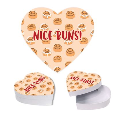 Andaz Press Valentine's Day Heart Shaped Box With Lid, Funny Nice Buns Reusable Heart Shaped Treat Box Valentines Box For Cinnamon Rolls, Gag Gift, Reusable Food Safe Packaging, 8"X6", 1-Pack