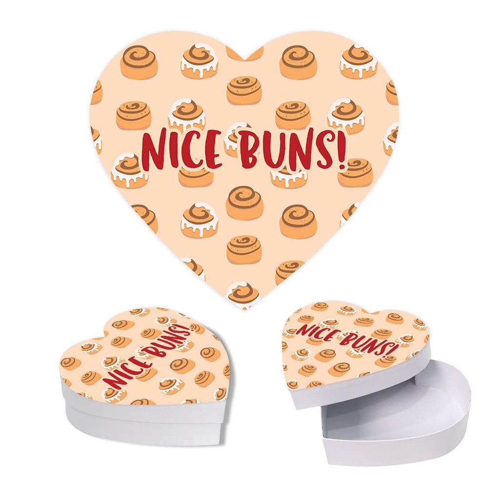 Andaz Press Valentine's Day Heart Shaped Box With Lid, Funny Nice Buns Reusable Heart Shaped Treat Box Valentines Box For Cinnamon Rolls, Gag Gift, Reusable Food Safe Packaging, 8"X6", 1-Pack