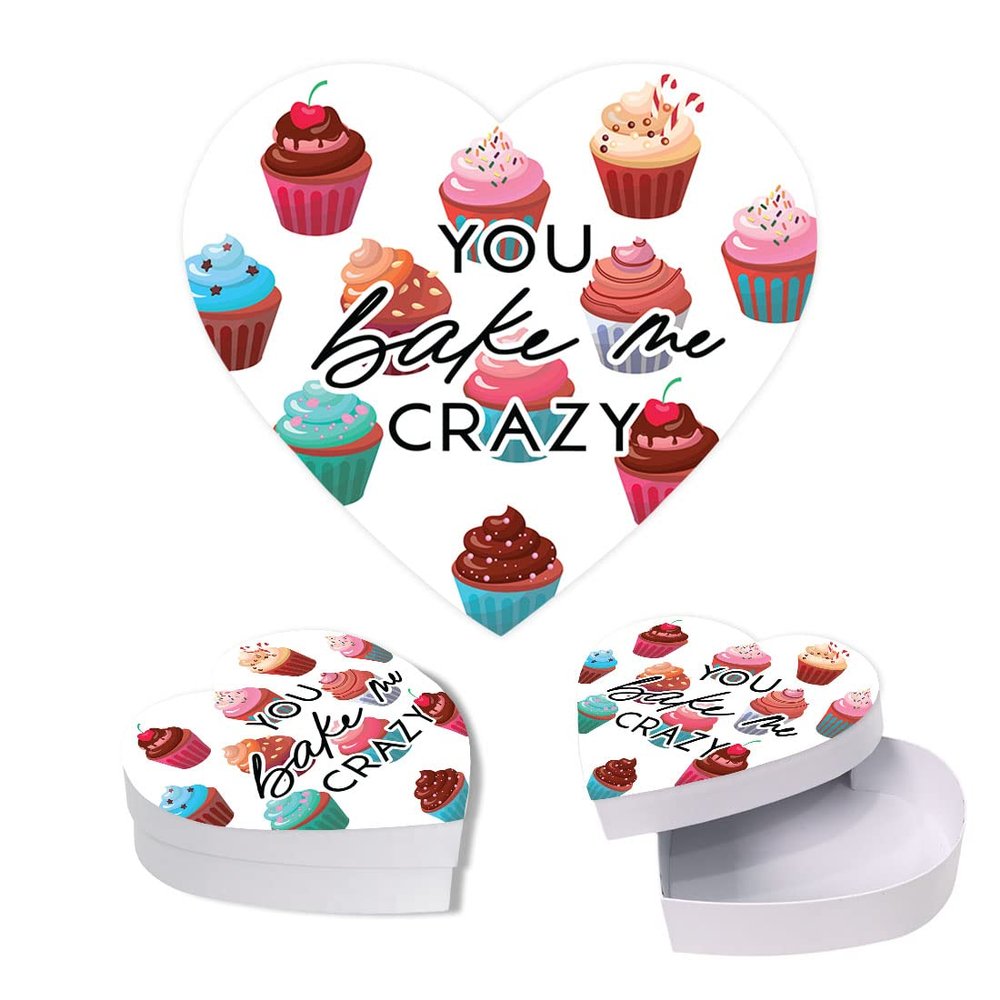 Andaz Press Valentines Day Heart Shaped Box With Lid, Funny You Bake Me Crazy Box For Mini Cupcakes, Reusable Heart Shaped Box, Reusable Food Safe Packaging, 8"X6", 1-Pack