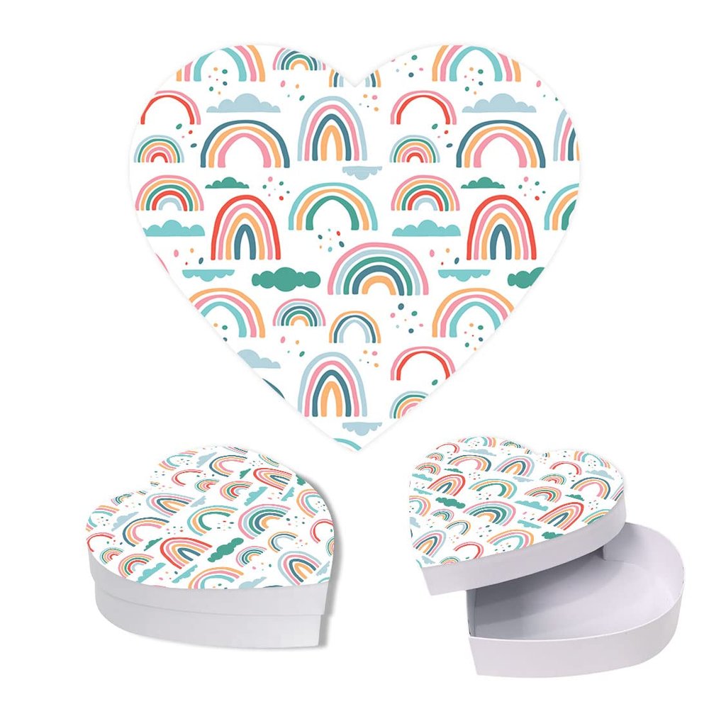 Andaz Press Valentines Day Heart Shaped Box With Lid, Rainbows Reusable Heart Shaped Box, Box For Treats, Sweets, Flowers, Jewelry, Toys, Kids Gift Packaging Food Safe, 8"X6", 1-Pack