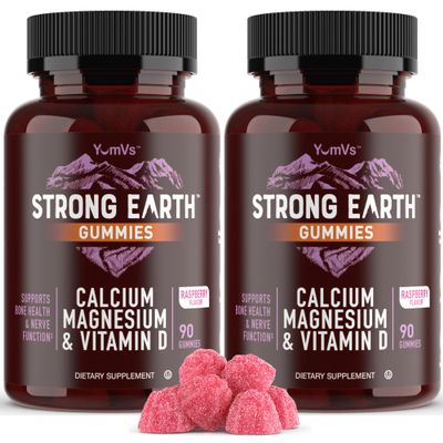 YUM-V'S Strong Earth Calcium, Magnesium, Vitamin D3 Gummies - Vitamin Gummies Calcium Supplement for Strong Bone Health Gummies - Kosher 90 Count (Pack of 2)
