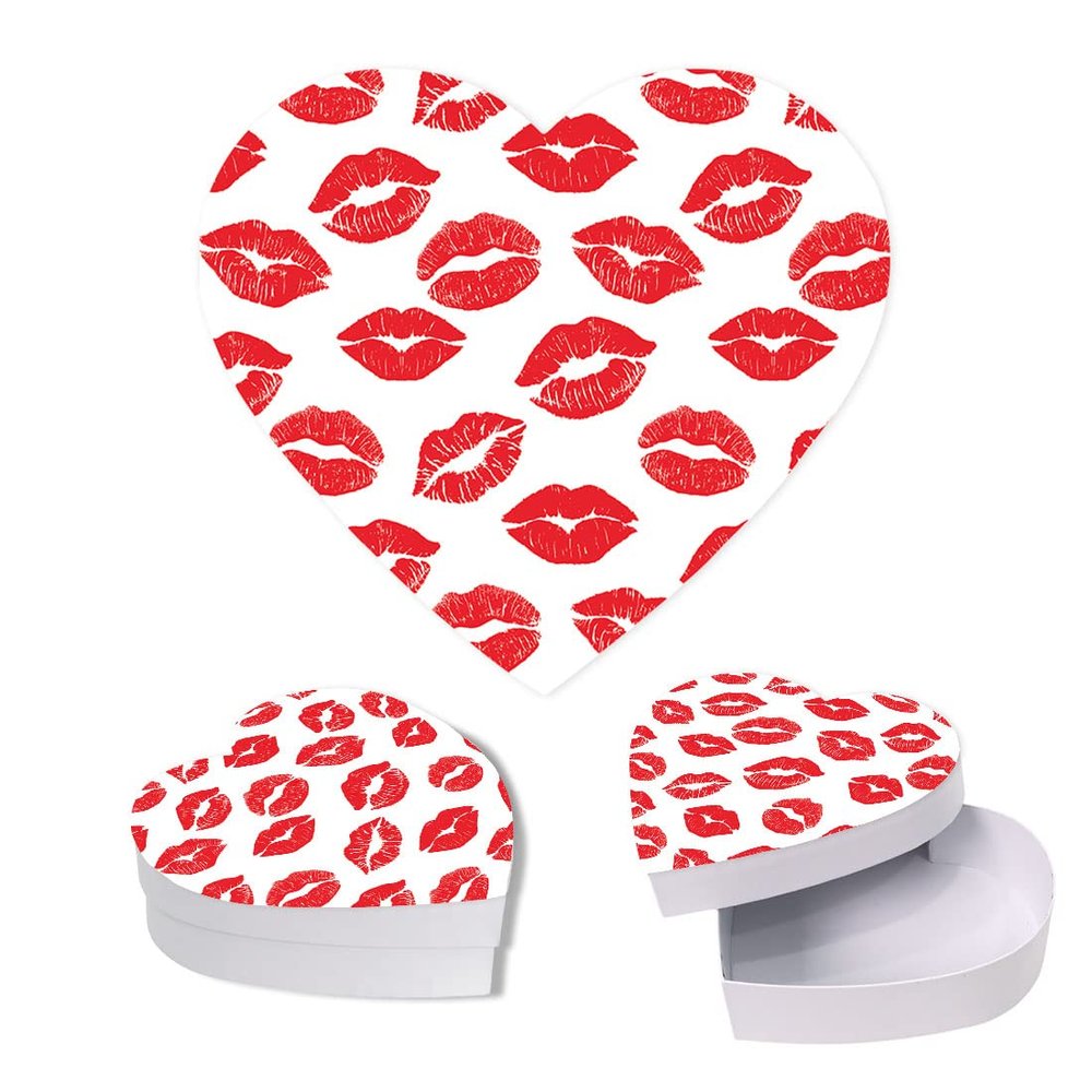 Andaz Press Valentines Day Heart Shaped Box With Lid, Kisses & Lip Design Reusable Heart Shaped Box For Treats Sweets Flowers Lingerie Jewelry, Gift Packaging Food Safe, 1-Pack